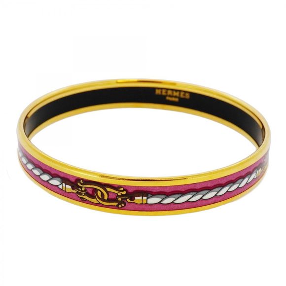 Hermes Bangle Enameled PM GP Plated Cloisonné Gold Pink  Women's - Picture 1 of 16